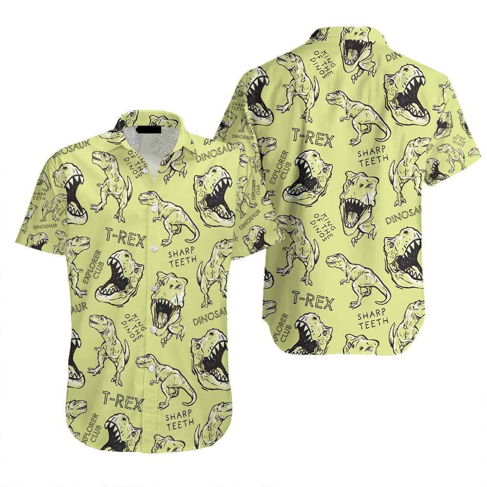 NoClaws Dinosaur Hawaii Shirt T-Rex Dinosaur Sharp Teeth Pattern Hawaiian Shirt Green Unisex