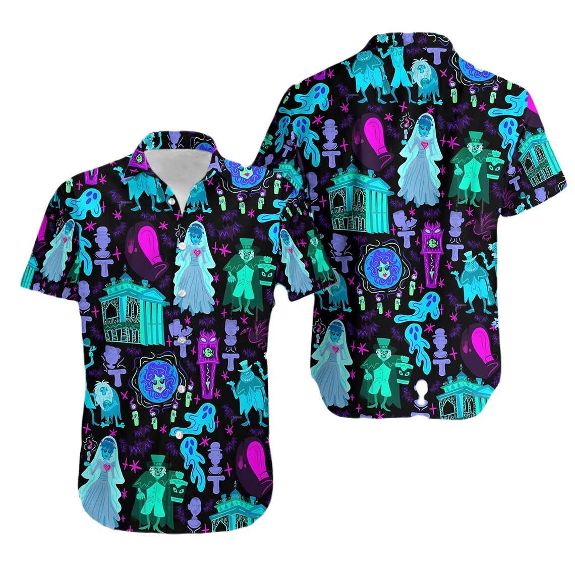NoClaws Disney Hawaii Shirt Disney Haunted Mansion Characters Pattern Hawaiian Shirt Black Blue Unisex