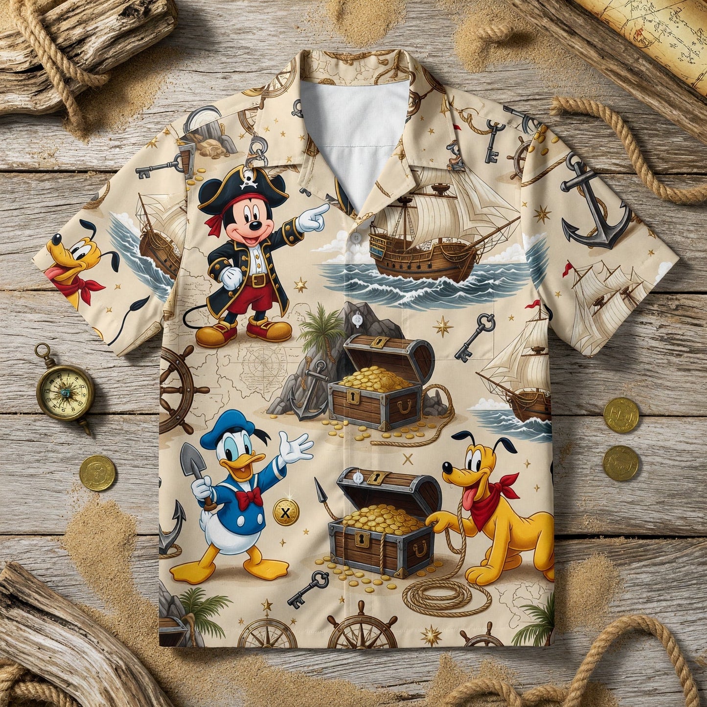 Pirate Hawaiian Shirt - Mouse Duck Pup Treasure Map - HWPOSJSN7
