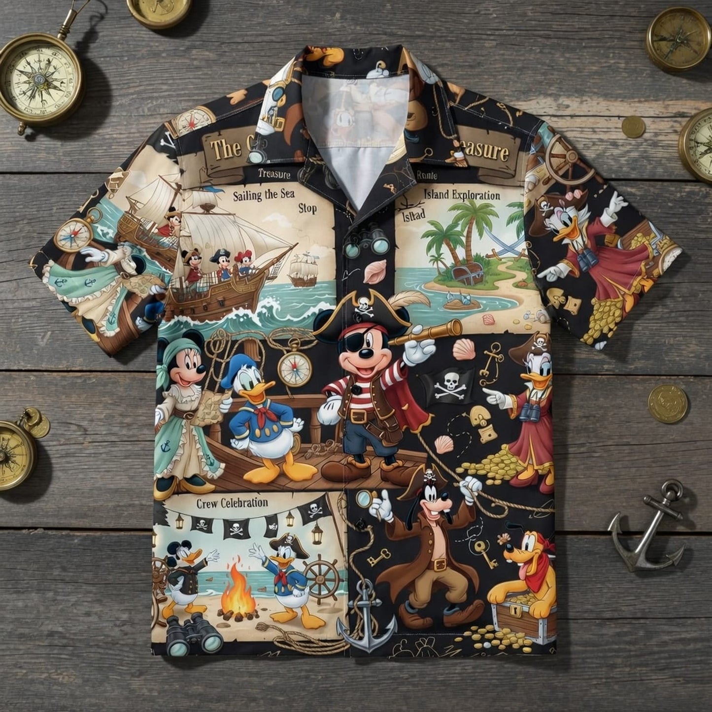 Mouse Pirate Hawaiian Shirt - Treasure Map Cartoon Apparel - HWSZ812C5