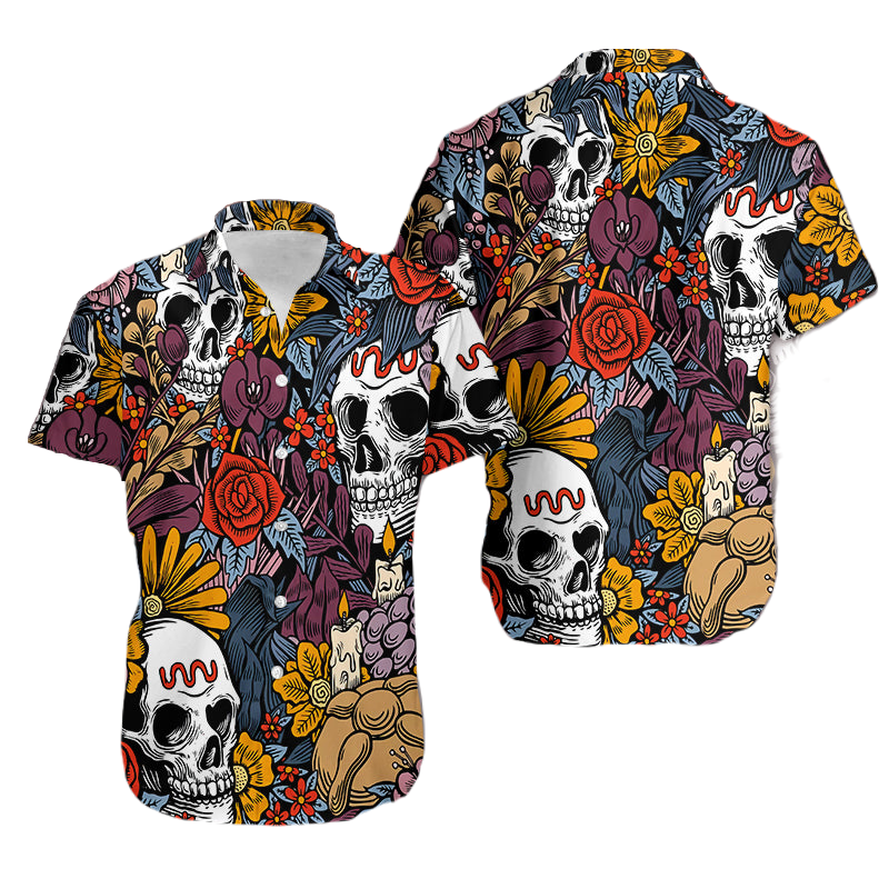 NoClaws Skull Hawaii Shirt Skull Flower Candle Doodle Pattern Hawaiian Shirt Colorful Unisex