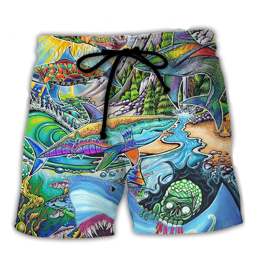 Shark Shorts Hippie Shark Art Style Pattern Beach Shorts Colorful