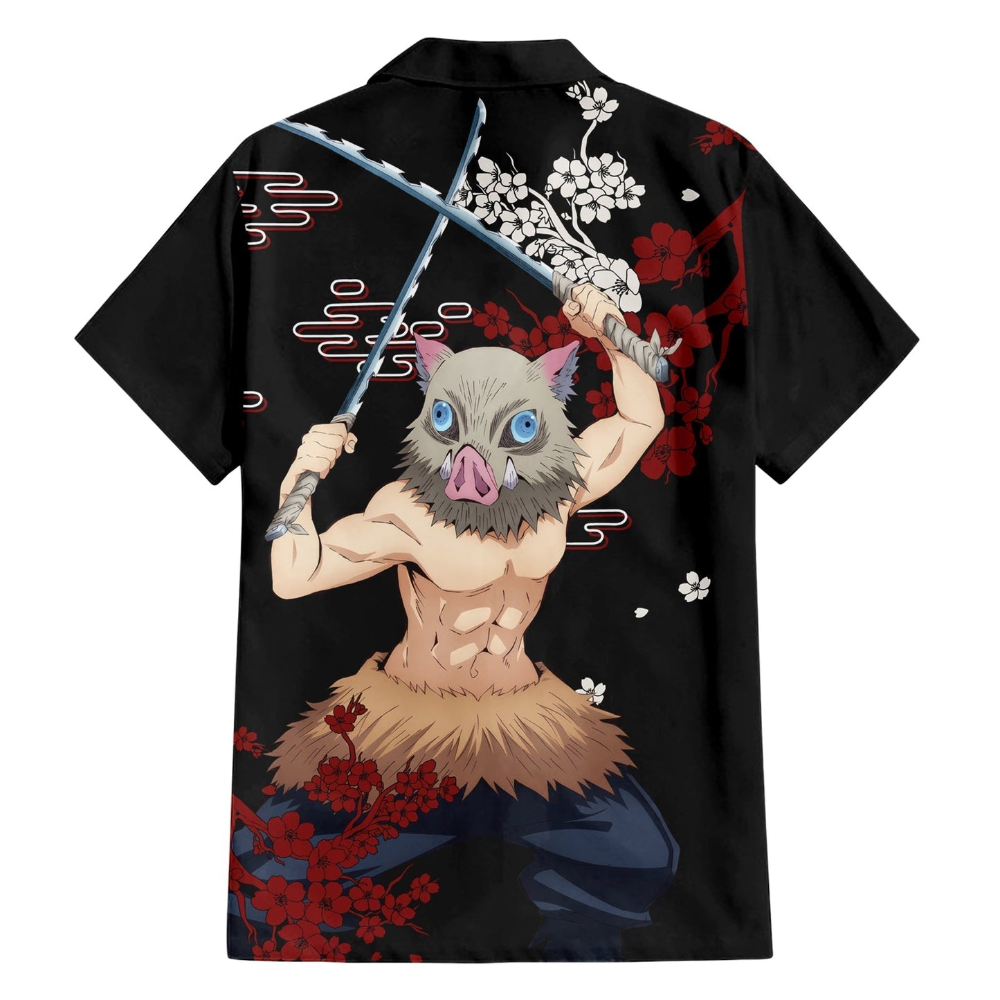 NoClaws NoClaws Demon Slayer Hawaii Shirt Inosuke Hashibira Cherry Blossom Hawaiian Shirt Black Unisex