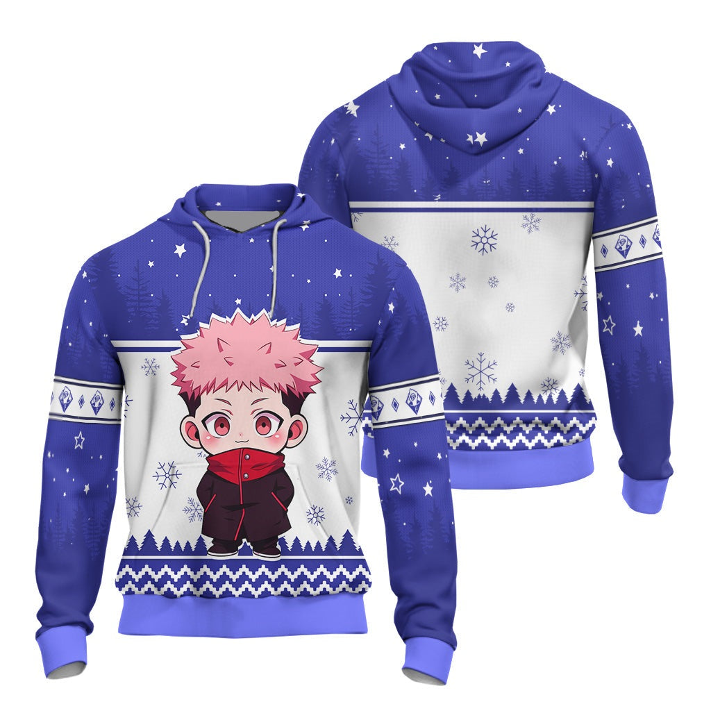 Jujutsu Kaisen Hoodie Jujutsu Kaisen Itadori Yuji Christmas Pattern Hoodie Blue White Unisex