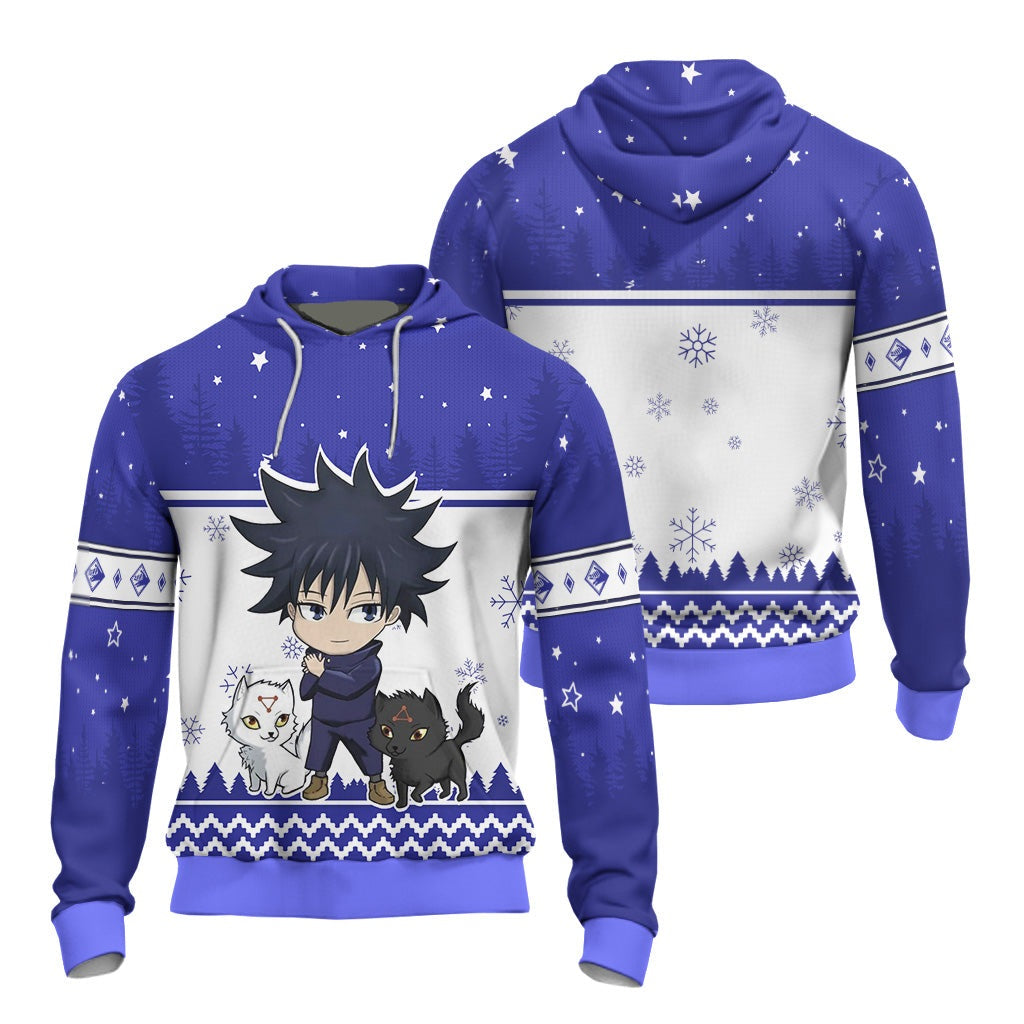 Jujutsu Kaisen Hoodie Jujutsu Kaisen Megumi Fushiguro Christmas Pattern Hoodie Blue White Unisex