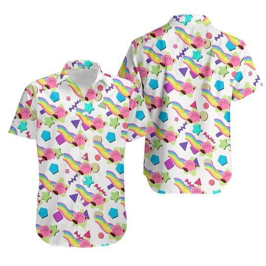 NoClaws NoClaws Kirby Hawaii Shirt Kirby Rainbow Star Shapes Pattern Hawaiian Shirt Colorful Unisex