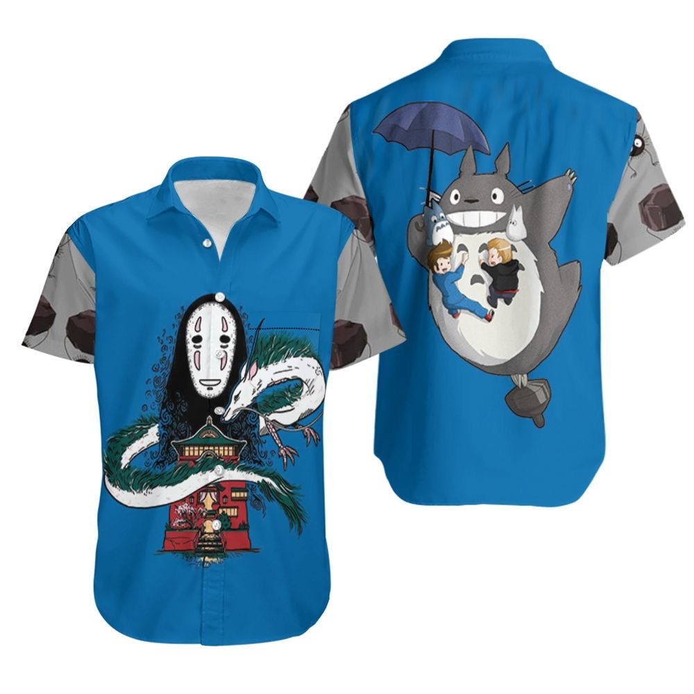 NoClaws Studio Ghibli Hawaii Shirt Kaonashi Haku Totoro Graphic Hawaiian Shirt Blue Gray Unisex