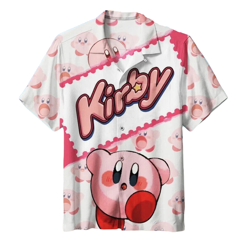 NoClaws NoClaws Kirby Hawaii Shirt Cute Kirby All Poses Pattern Hawaiian Shirt White Pink Unisex