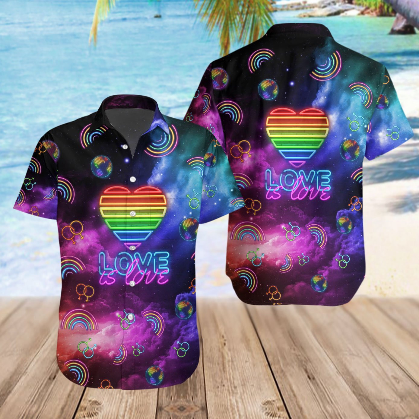 LGBT Hawaiian Shirt Neon Lights Love Is Love Space Galaxy Hawaii Aloha Shirt