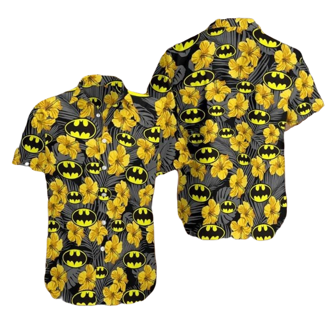NoClaws Batman Hawaii Shirt DC Batman Symbol Hibiscus Flower Pattern Hawaiian Shirt Black Yellow Unisex