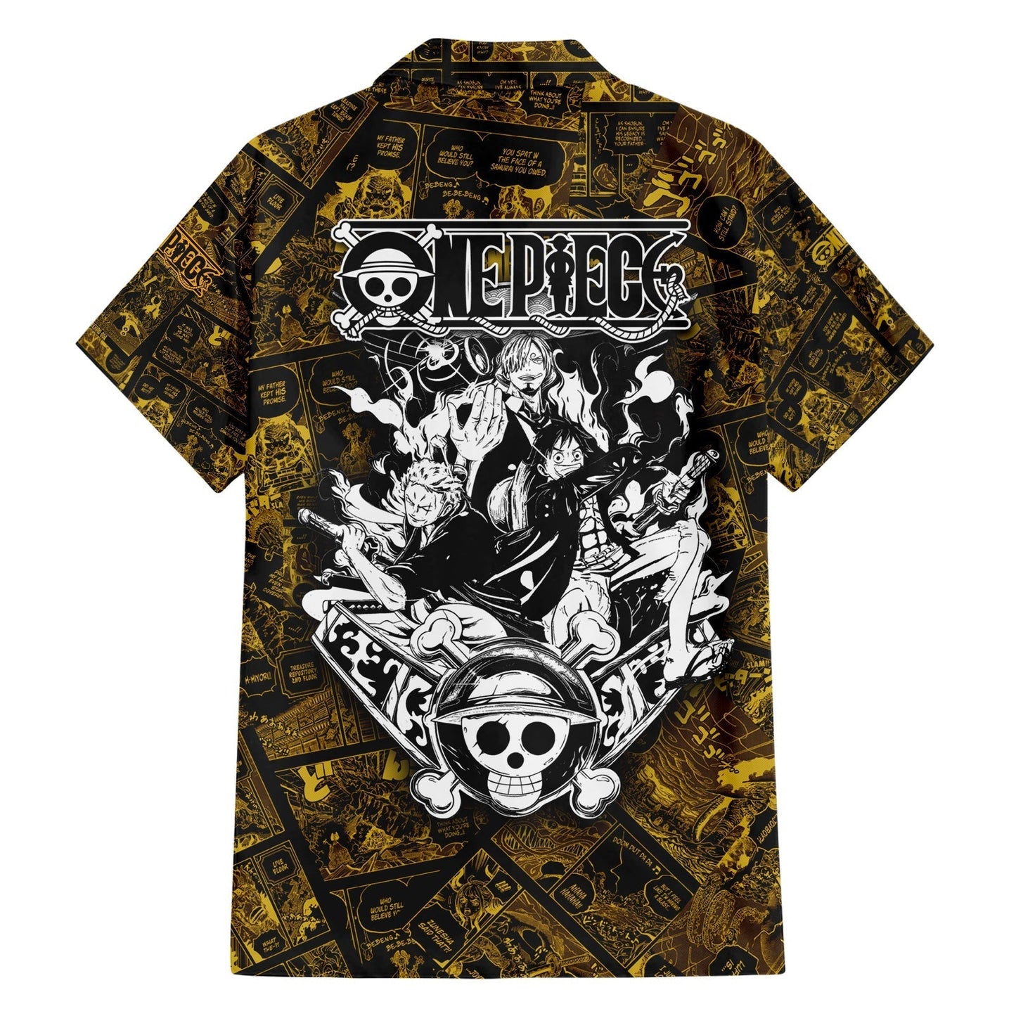 NoClaws NoClaws One Piece Hawaii Shirt Luffy Zoro Sanji One Piece Manga Pattern Hawaiian Shirt Black Yellow Unisex