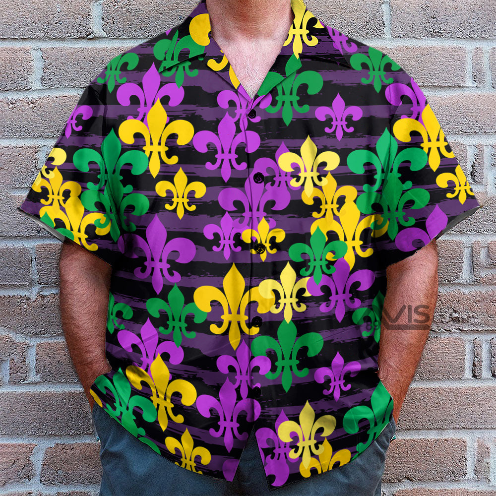 Mardi Gras Fleur De Lis Pattern Purple Yellow And Blue - Hawaiian Shirt