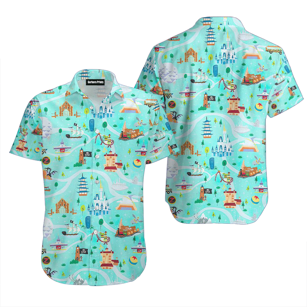 NoClaws Disney Hawaii Shirt All Magic Kingdom Attractions Pattern Hawaiian Shirt Blue Unisex