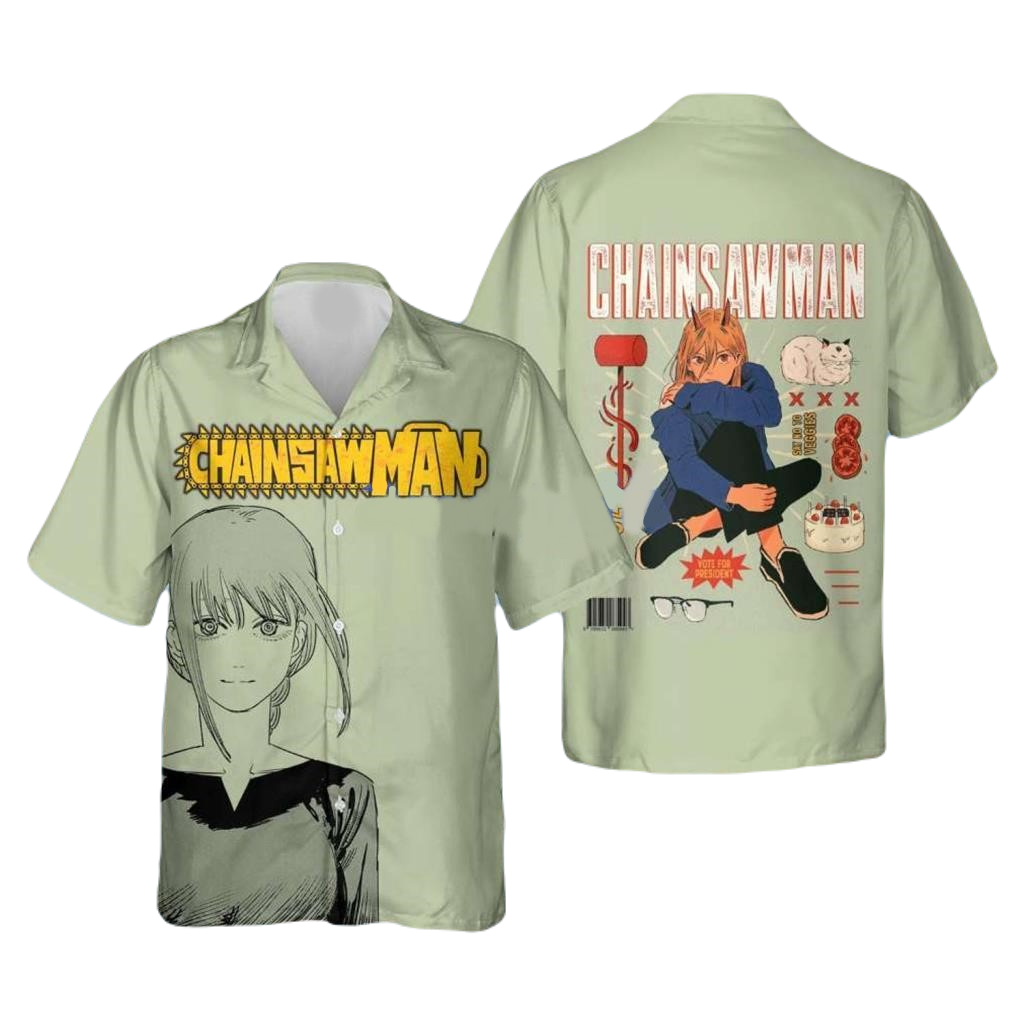 NoClaws Chainsaw Man Hawaii Shirt Chainsaw Man Power And Makima Aloha Shirt Green Unisex