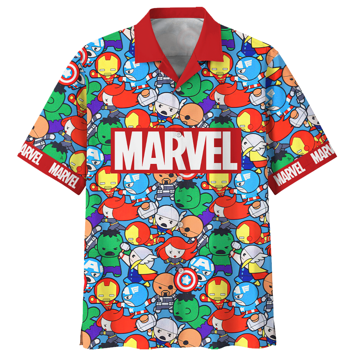 NoClaws NoClaws Marvel Hawaii Shirt Marvel Chibi Characters Doodle Pattern Hawaiian Shirt Colorful Unisex