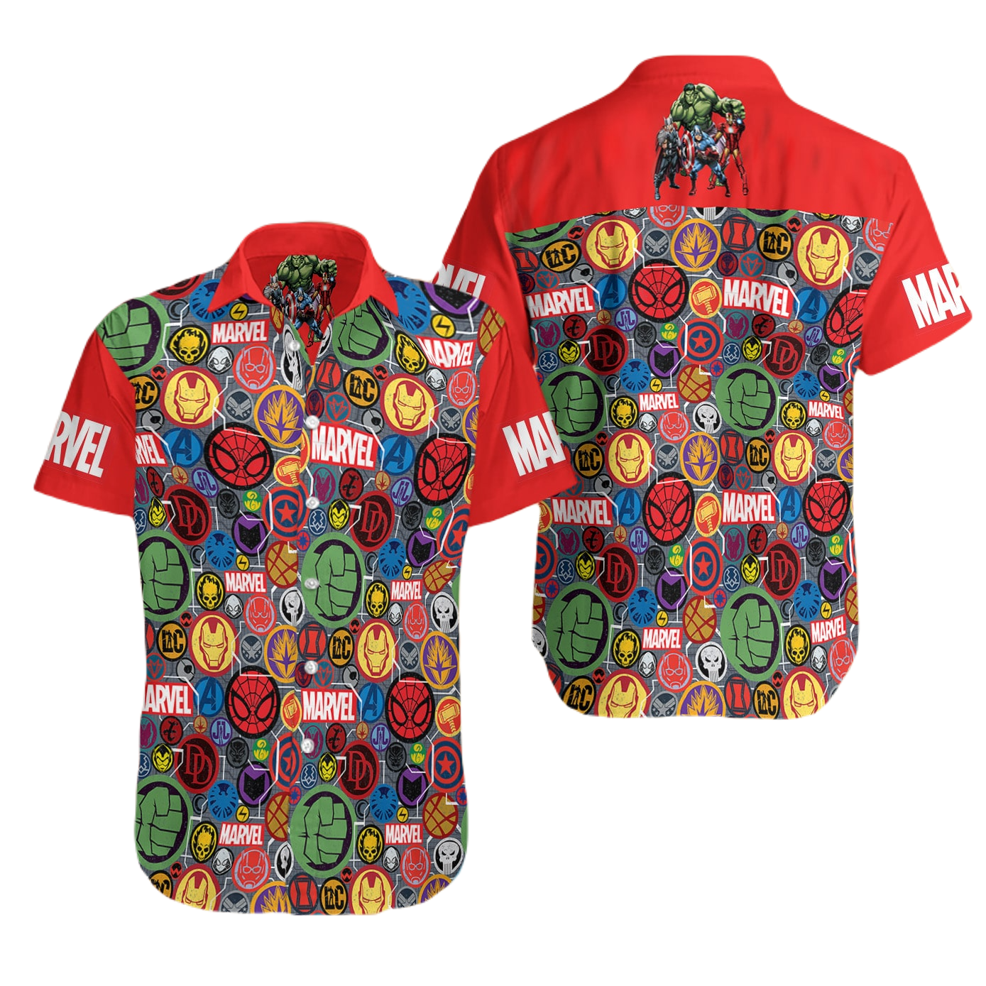 NoClaws NoClaws Marvel Hawaii Shirt Marvel Heroes Symbol Doodle Pattern Hawaiian Shirt Colorful Unisex