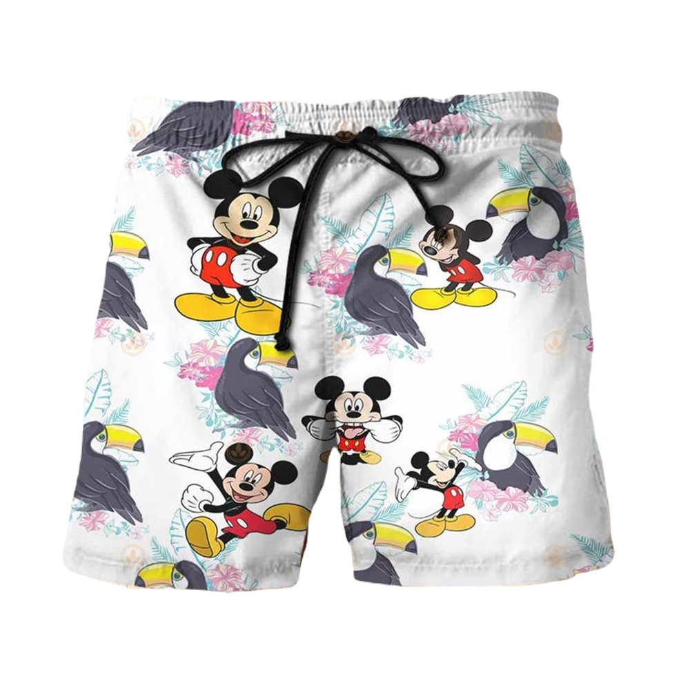 Mickey Mouse Shorts Disney Mickey Mouse with Toucan Birds Pattern Beach Shorts White