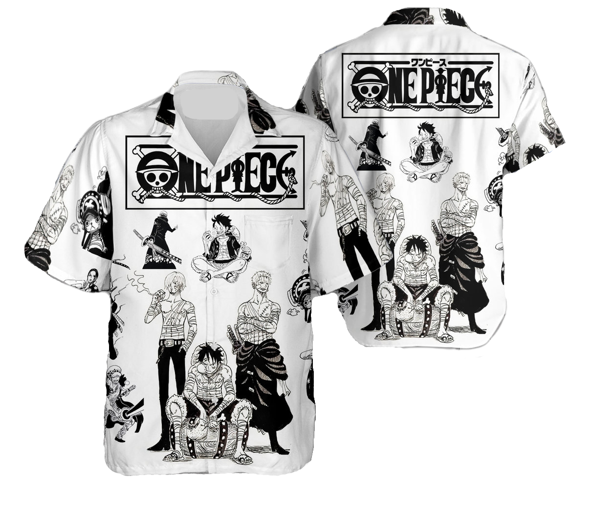 NoClaws NoClaws One Piece Hawaii Shirt One Piece Characters Healing After Hawaiian Shirt White Black Unisex