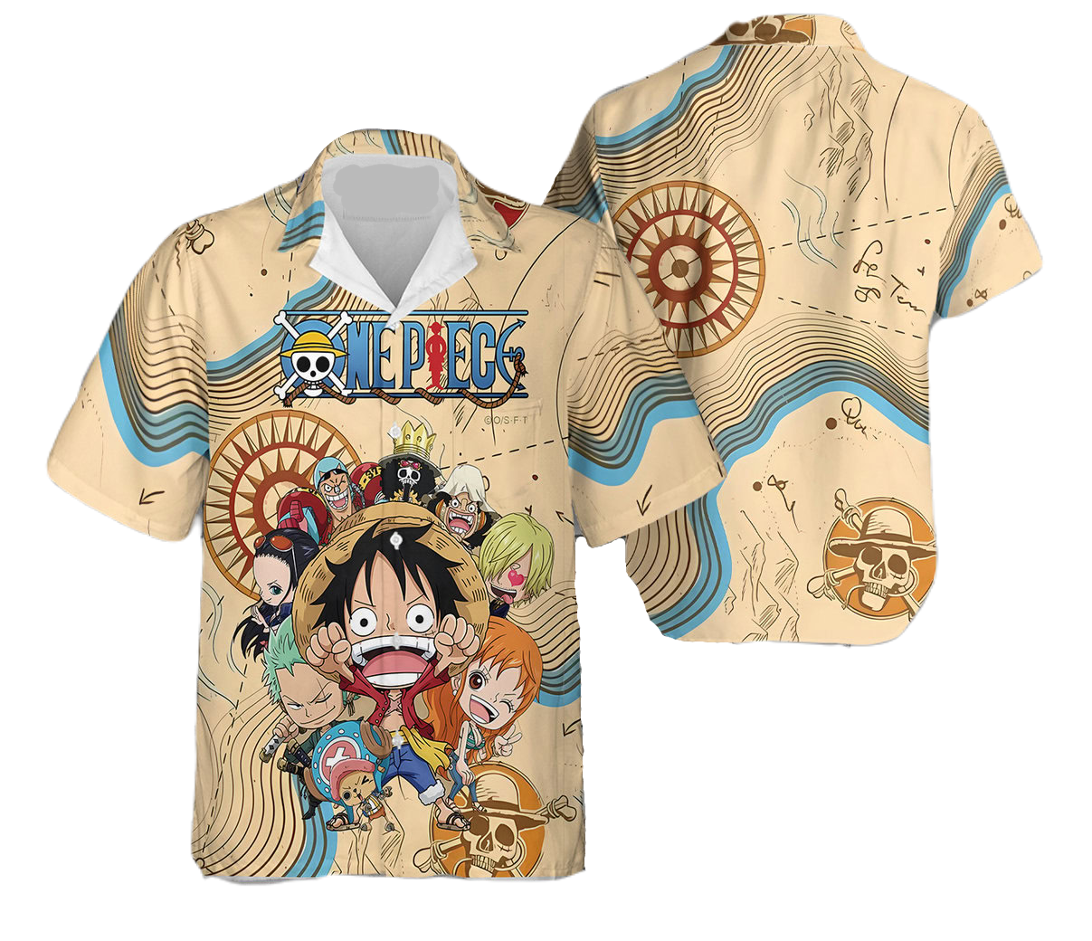 NoClaws NoClaws One Piece Hawaii Shirt One Piece Chibi Characters Map Pattern Hawaiian Shirt Colorful Unisex