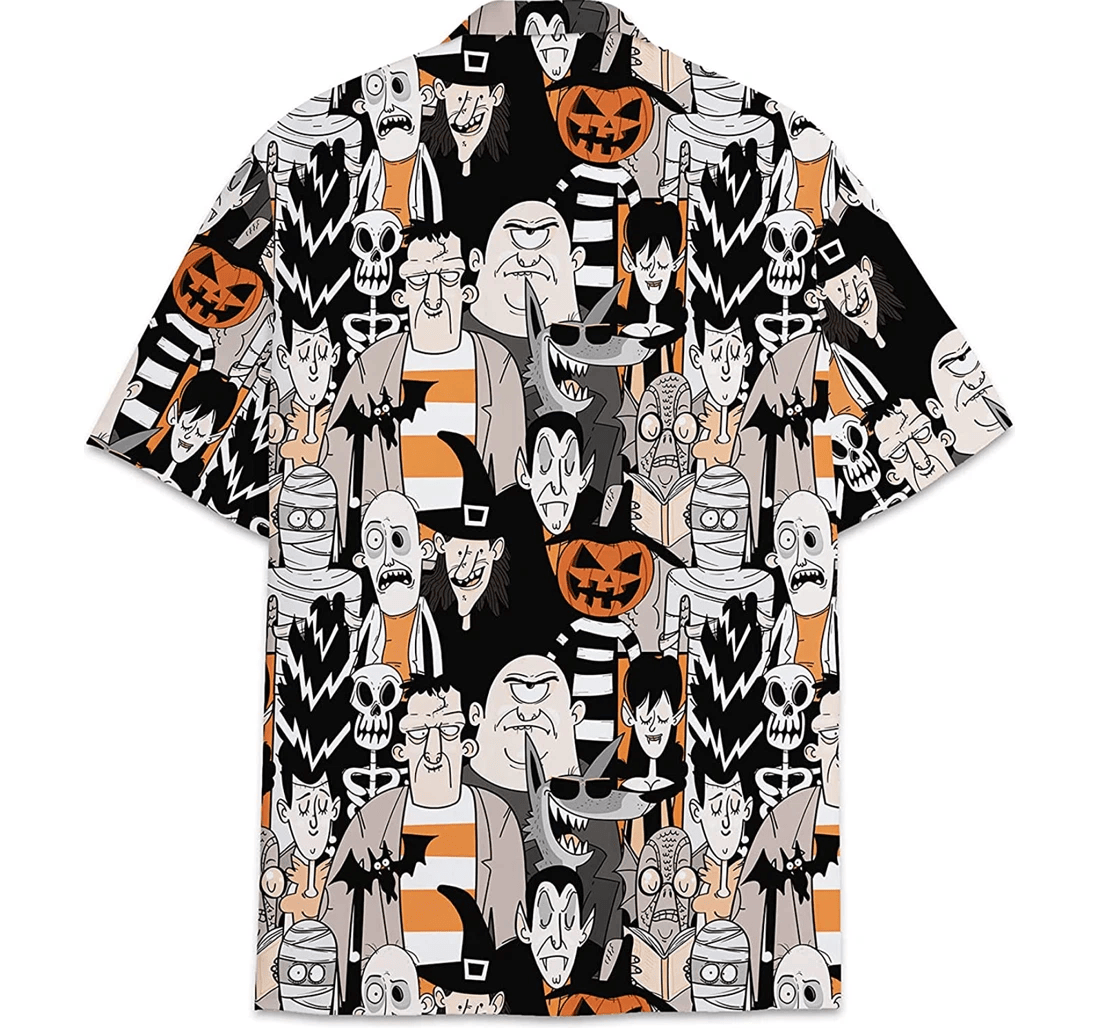NoClaws Halloween Hawaii Shirt All Type Of Monsters Doodle Pattern Hawaiian Shirt Black White Unisex