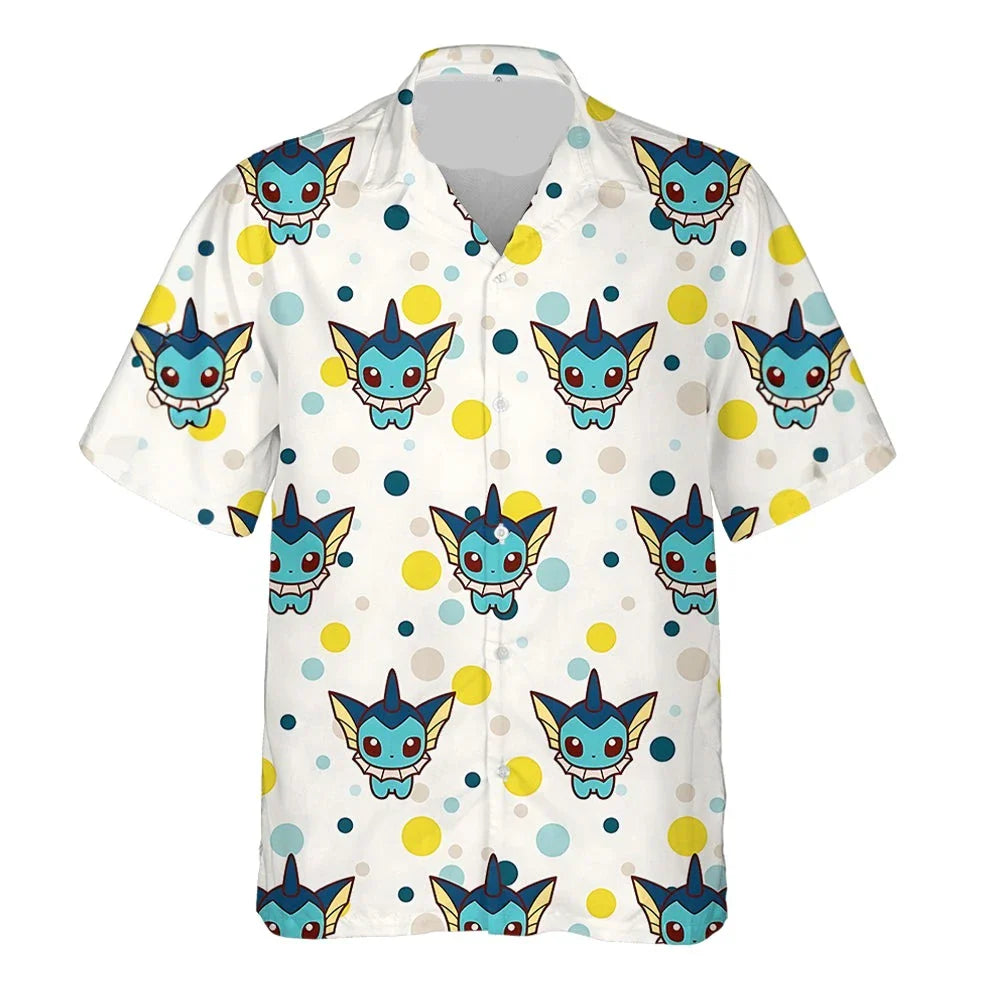 NoClaws NoClaws Pokemon Hawaii Shirt Chibi Pokemon Vaporeon Pattern Hawaiian Shirt White Blue Unisex