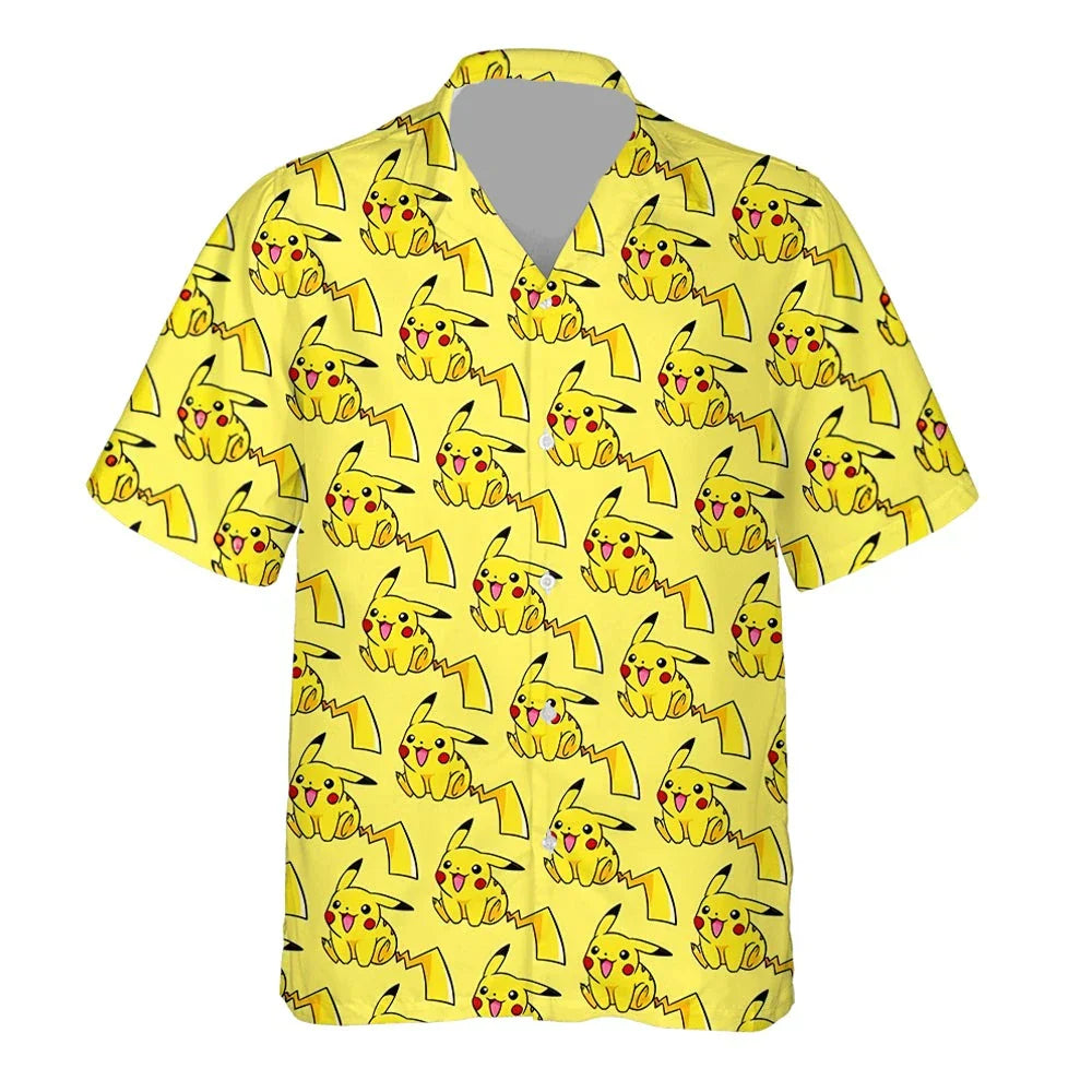 NoClaws NoClaws Pokemon Hawaii Shirt Pokemon Pikachu Jumping Pattern Hawaiian Shirt Yellow Unisex