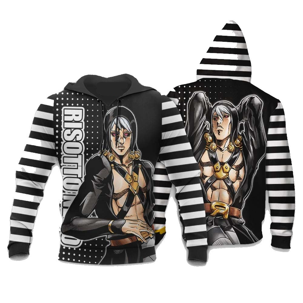 JoJos Bizarre Adventure Hoodie Risotto Nero Graphic Striped Pattern Hoodie Black White Unisex
