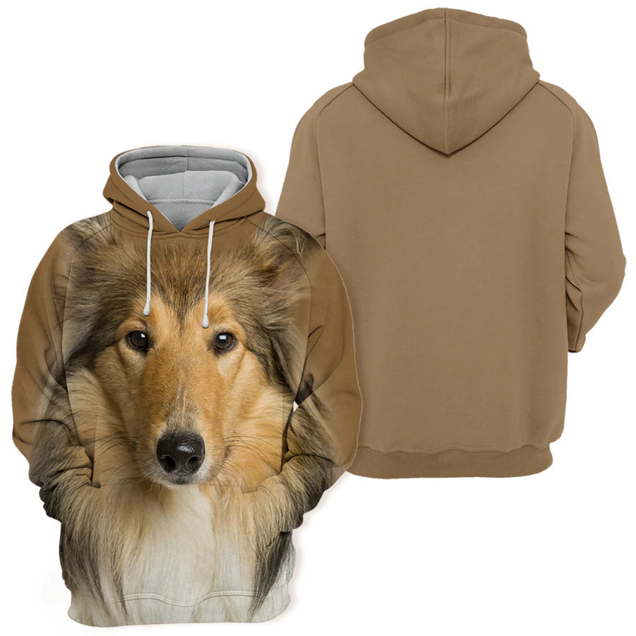 Dog Hoodie Rough Collie Dog Face Graphic Hoodie Brown Unisex