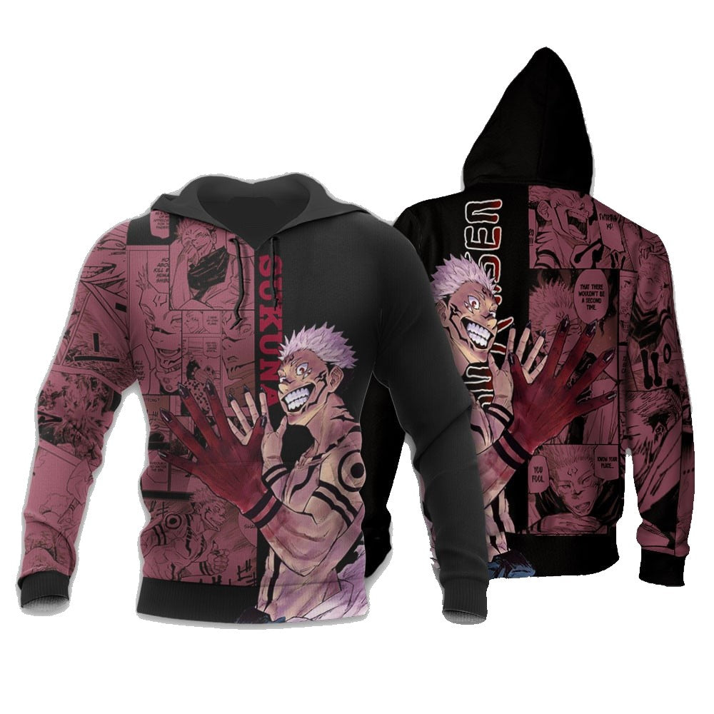 Jujutsu Kaisen Hoodie Ryoumen Sukuna Graphic Manga Style Hoodie Black Red Unisex