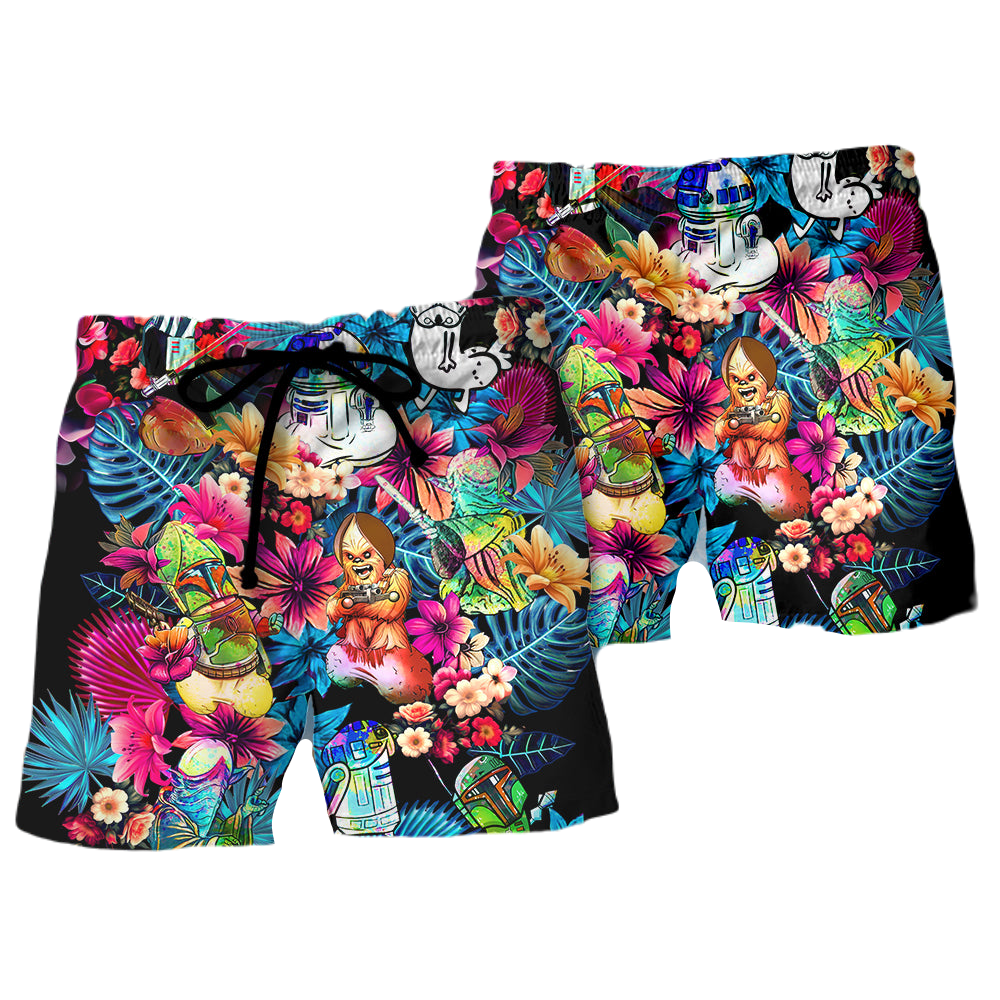 Starwars Shorts Starwars Chewbacca R2 D2 Tropical Flower Beach Shorts Colorful
