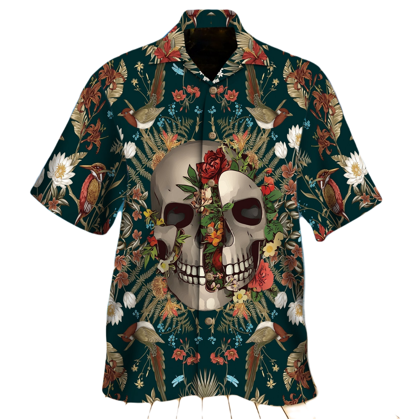 NoClaws Skull Hawaii Shirt Broken Skull Flowers And Birds Pattern Hawaiian Shirt Green Brown Unisex