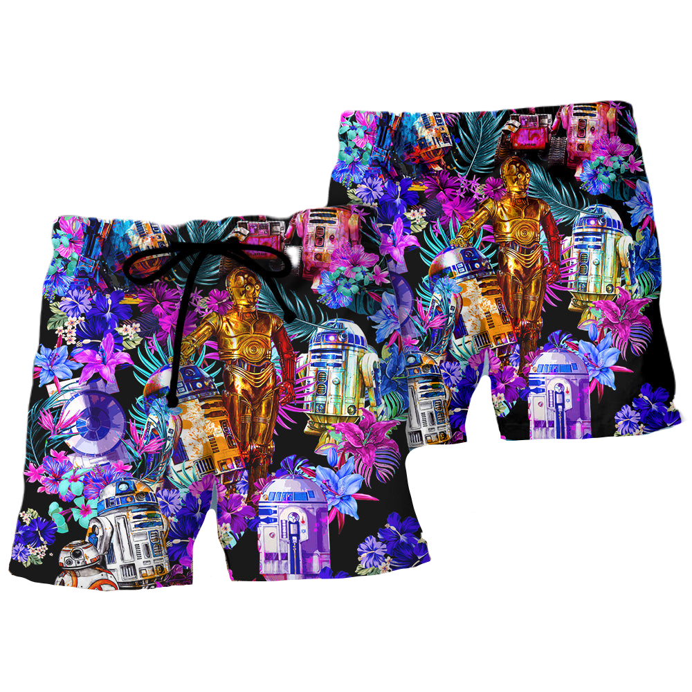 Starwars Shorts Starwars Droid Tropical Flower Pattern Beach Shorts Colorful