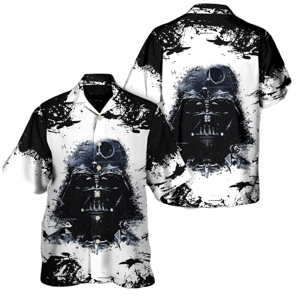 NoClaws Star Wars Hawaii Shirt Darth Vader Graphic Ship Pattern Hawaiian Shirt Black White Unisex