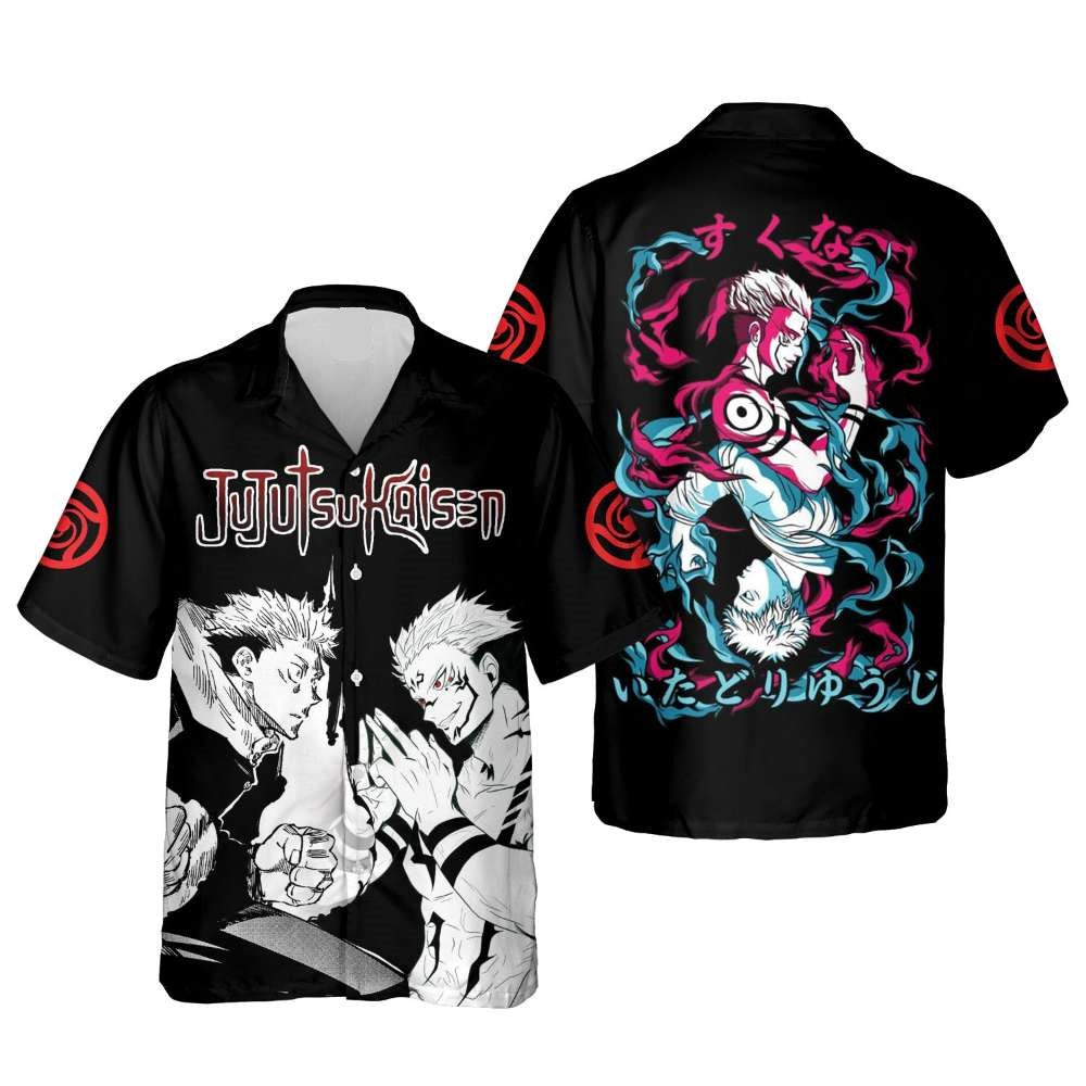 NoClaws Jujutsu Kaisen Hawaii Shirt Sukuna Ryomen Yuji Itadori Graphic Aloha Shirt Black Unisex