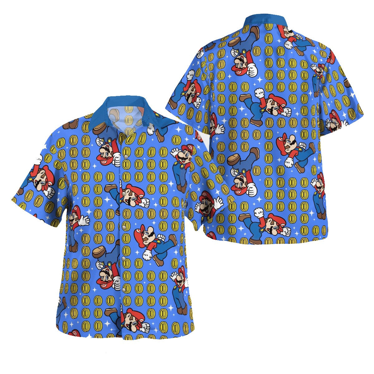 NoClaws Mario Hawaii Shirt Super Mario With Coin Pattern Aloha Shirt Blue Unisex