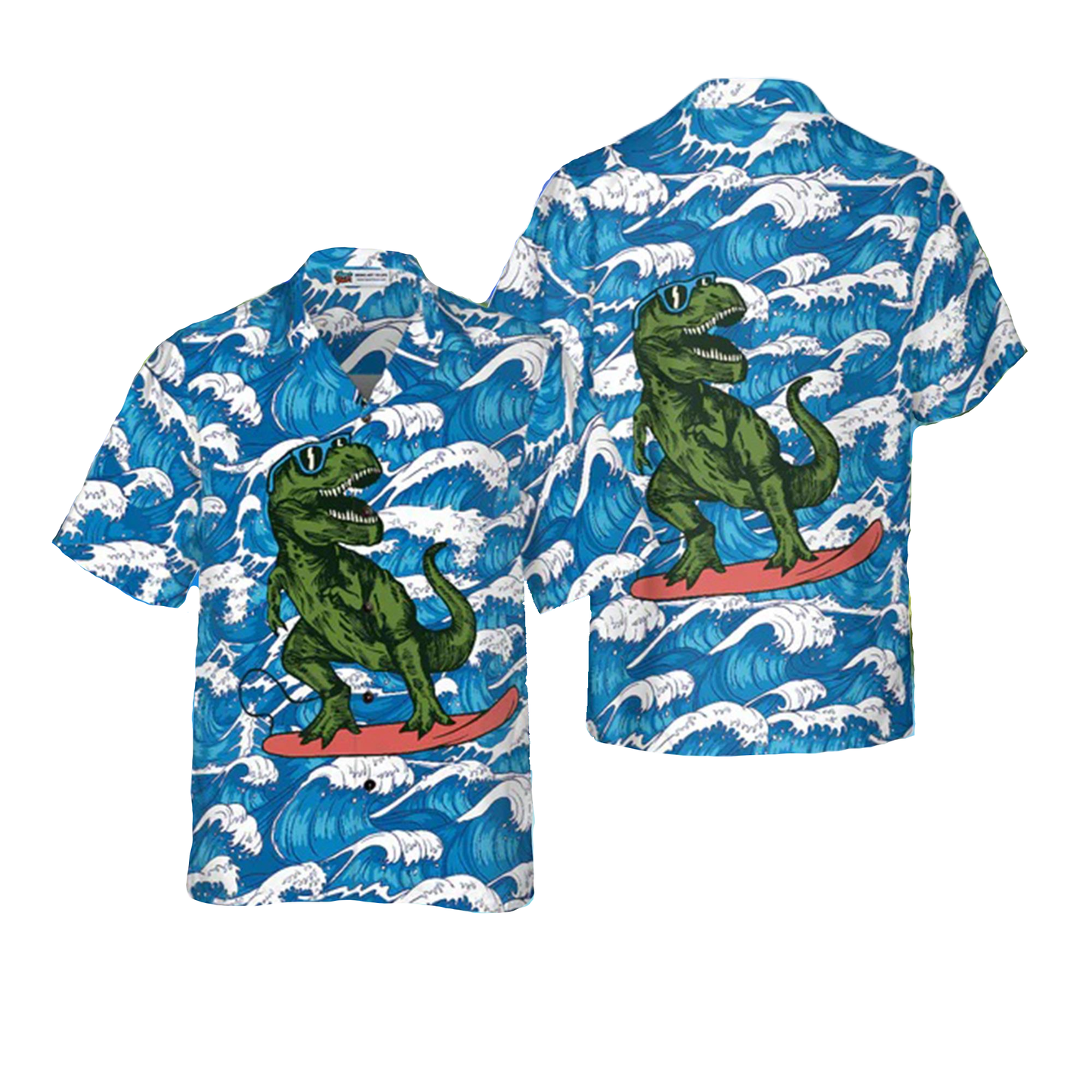 NoClaws Dinosaur Hawaii Shirt Surfing T-Rex Dinosaur Ocean Wave Pattern Hawaiian Shirt Blue Unisex