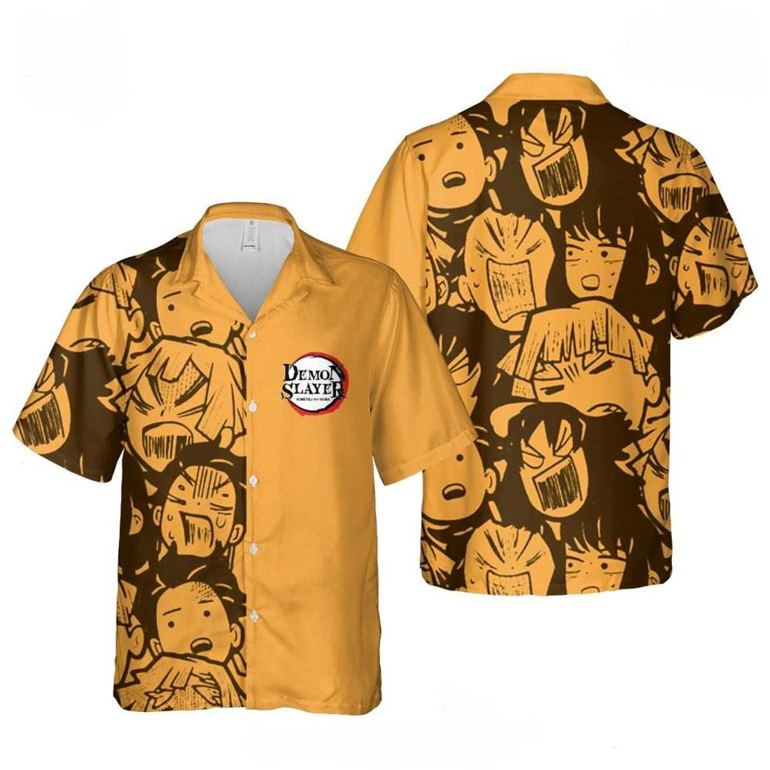 NoClaws NoClaws Demon Slayer Hawaii Shirt Zenitsu Tanjiro Inosuke Emotion Pattern Hawaiian Shirt Black Orange Unisex