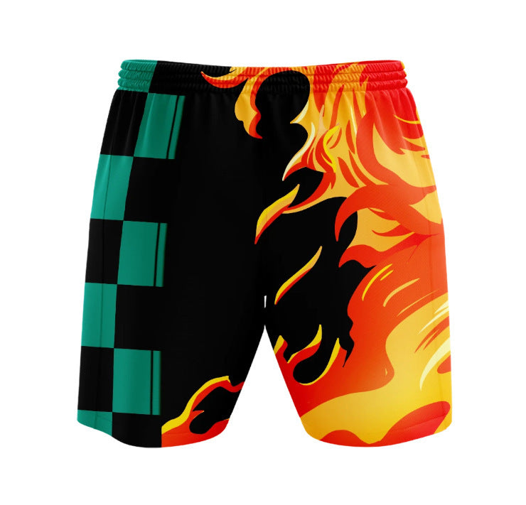 Demon Slayer Shorts Tanjiro Breathing Technique Water and Fire Beach Shorts Colorful