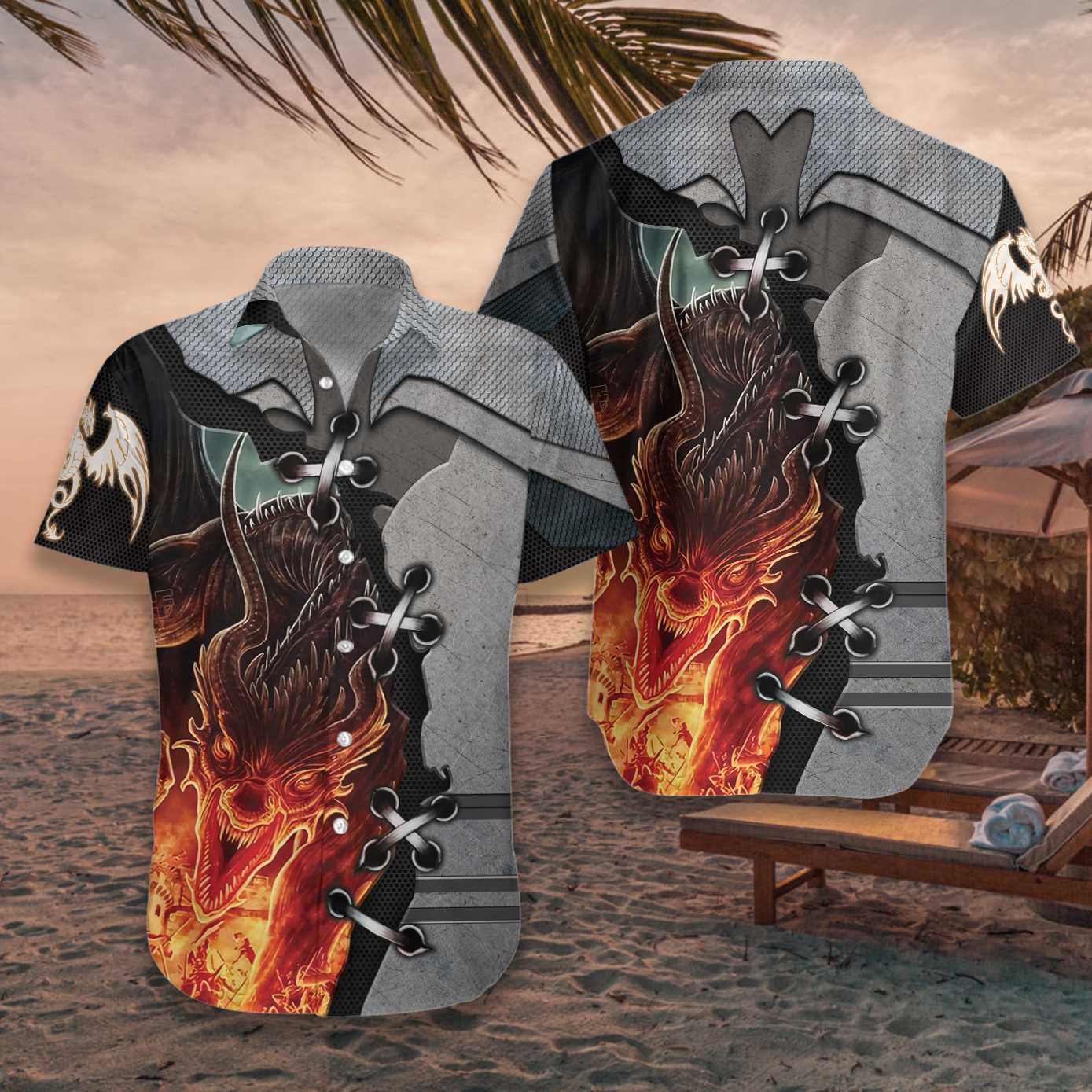 DnD Hawaii Shirt Fire Dragon Stitches Grey Hawaiian Aloha Shirt