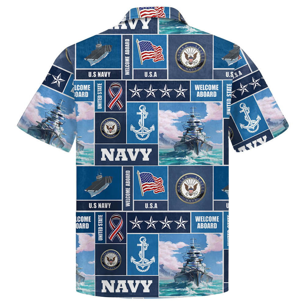 NoClaws Veteran Hawaii Shirt Welcome Aboard US Navy Aloha Shirt Blue Unisex