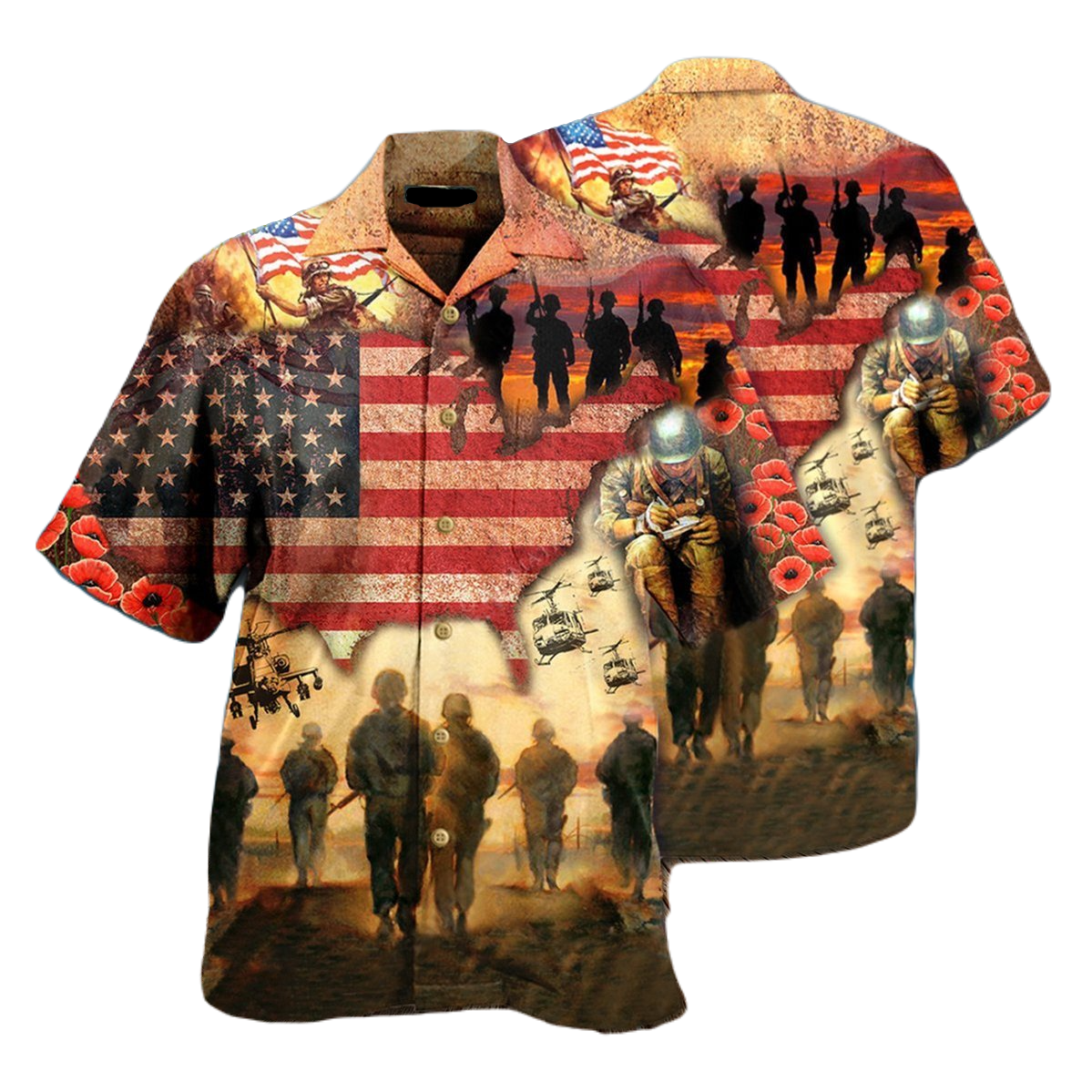 NoClaws Veteran Hawaii Shirt Veteran Soldier American Flag Flower Pattern Hawaiian Shirt Red Brown Unisex