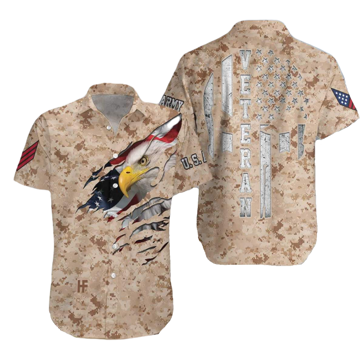 NoClaws Veteran Hawaii Shirt Veteran US Army Skull Eagle Camoflage Hawaiian Shirt Brown Unisex