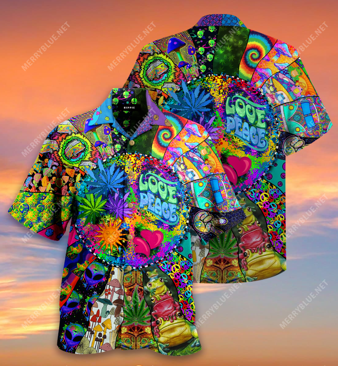 Hippie Hawaiian Shirt Love Peace Hippie Mushroom Alien Symbols Hawaii Aloha Shirt