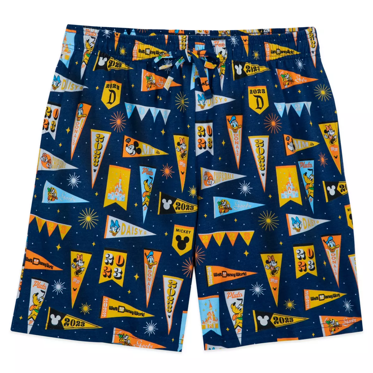Disney Shorts Disney Characters Pennant Flag Pattern Beach Shorts Blue Yellow