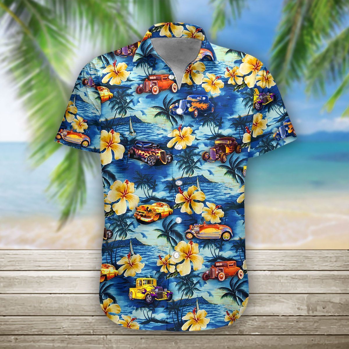 Hot Rod Hawaiian Shirt Hot Rod Hibiscus Tropical Blue Hawaii Aloha Shirt