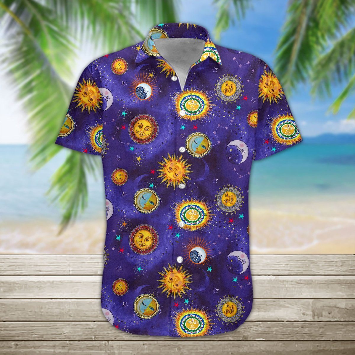 Hippie Shirt The Sun And The Moon Pattern Galaxy Blue Hawaiian Aloha Shirt