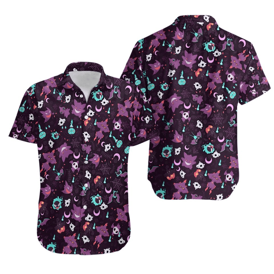 NoClaws Pokemon Hawaii Shirt All Ghost Pokemon Graphic Pattern Aloha Shirt Purple Unisex