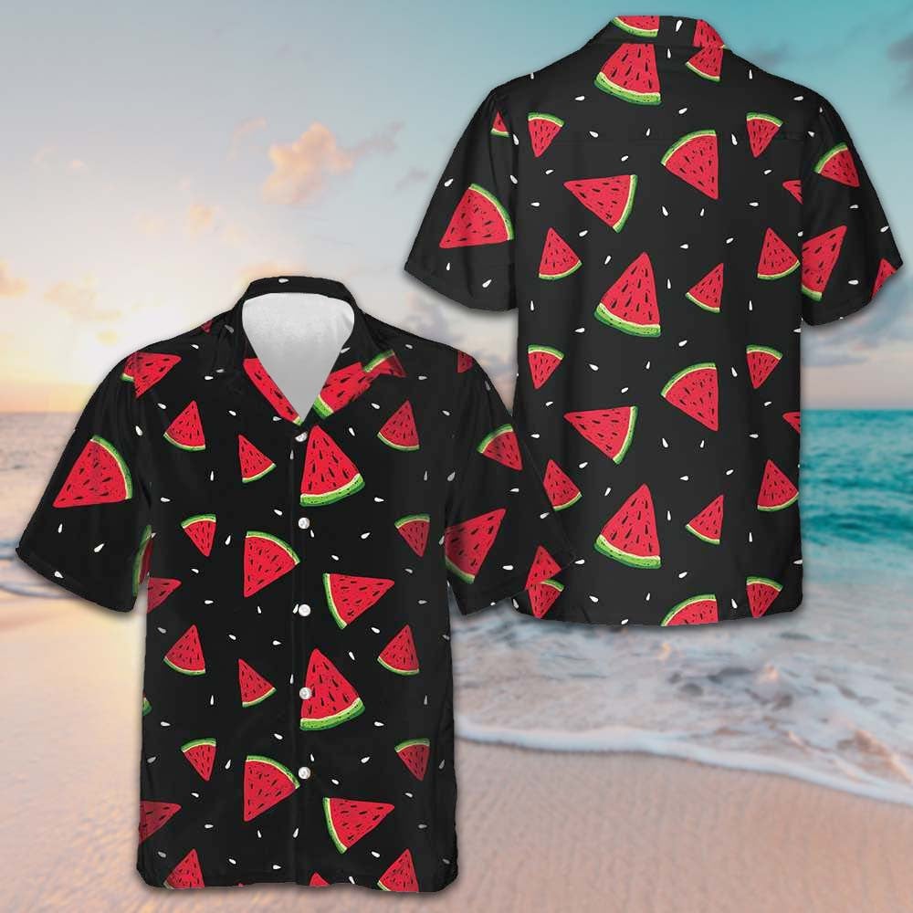 Watermelon Pattern Black Hawaiian Shirt Button Up Beach Shirts Men Gifts For Son - Tazila