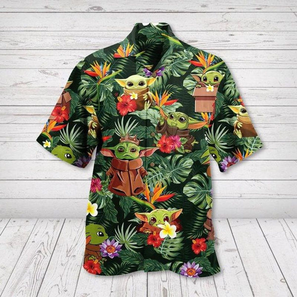 SW Hawaii Shirt Baby Yoda Grogu Cute Tropical Pattern Green Hawaiian Shirt Aloha Shirt
