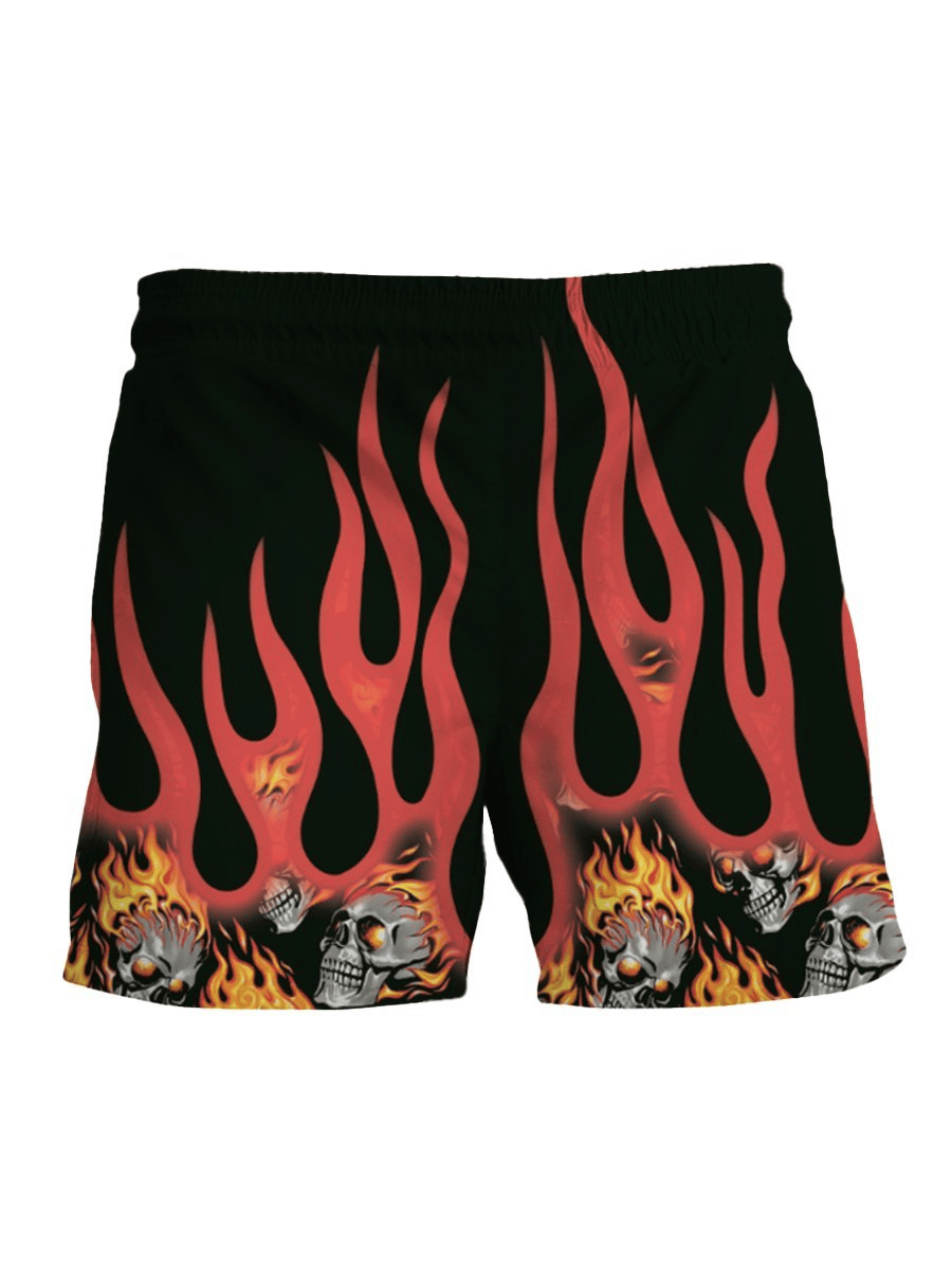 Skull Shorts Cool Skulls on Fire Flame Beach Shorts Black Red